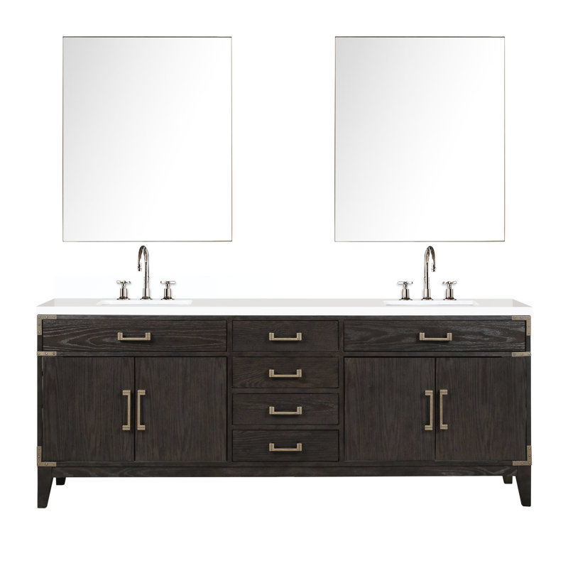 Double 36 po Miroirs et comptoir en marbre de culture scellé deux fois dans un meuble-lavabo avec robinet, Chêne brun