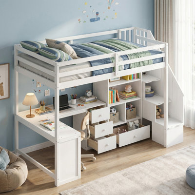 Solid Wood Twin Size Loft Bed with L-Shaped Desk and Drawers, Cabinet and Storage Staircase for Bedroom