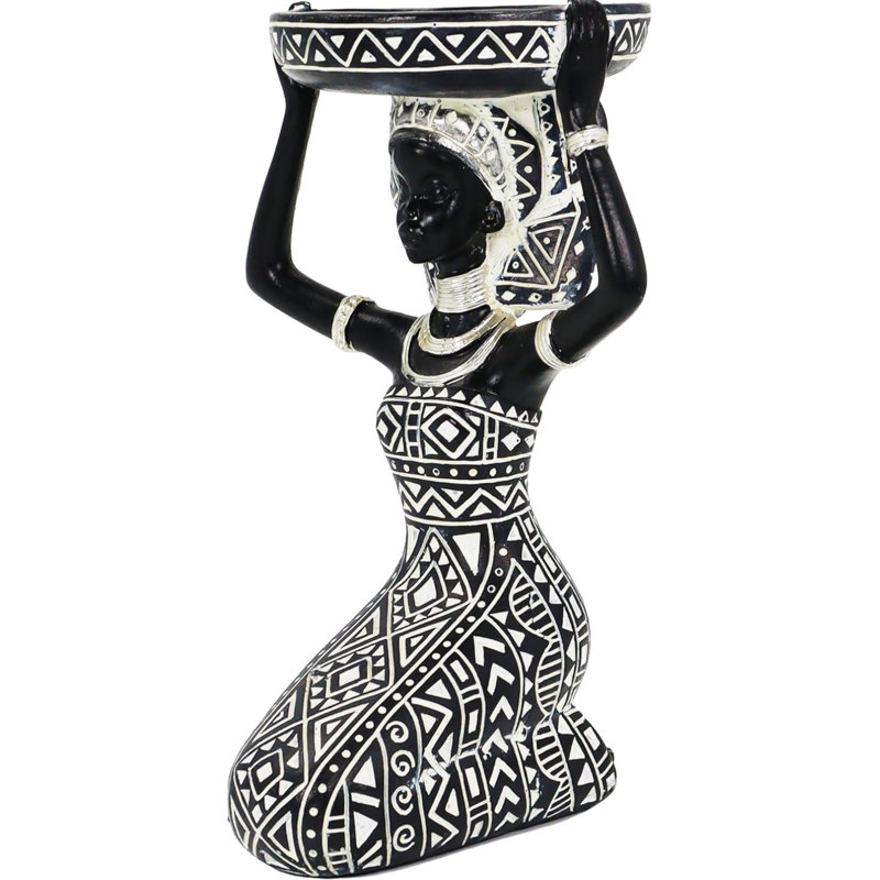 African Lady Figurine Candle Holder With Tribal Totem – Black Polyresin Statue