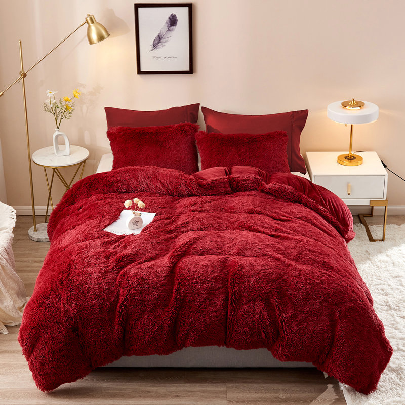 FFDC1217 Plush Shaggy Duvet Cover Set, Burgundy, Queen Duvet Cover + 4 Additional Pieces