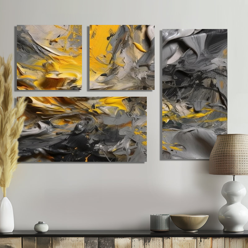 Moutarde jaune et gris vif - art mural moderne 4 pièces, Impression encadrée sans passe-partout, Doré