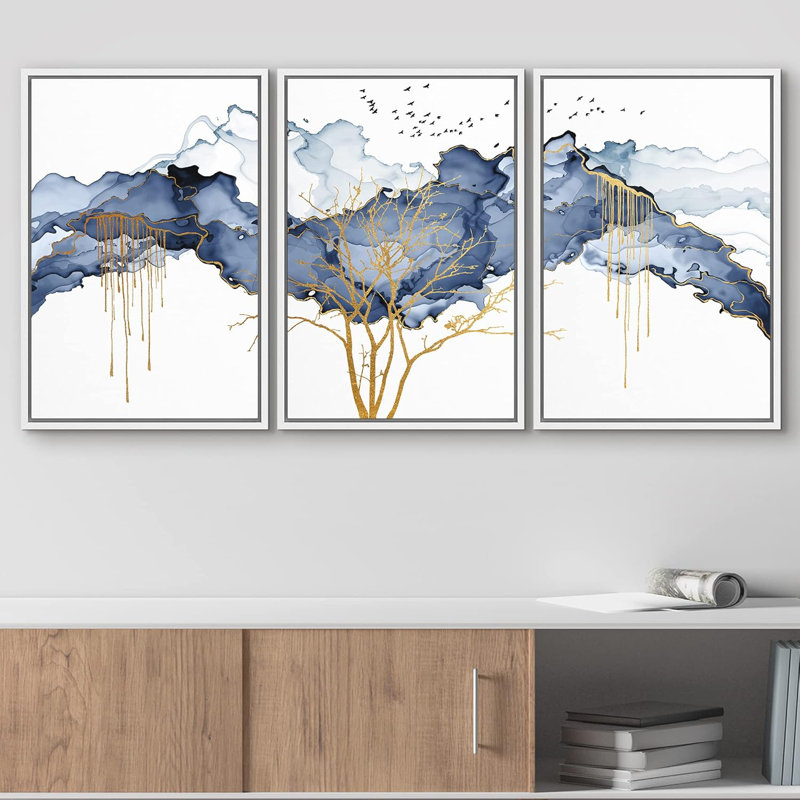 Abstrait, paysage abstrait, peinture pastel bleue, nuage, oiseaux, arbre d'or, illustrations abstraites, art moderne, paysage rustique