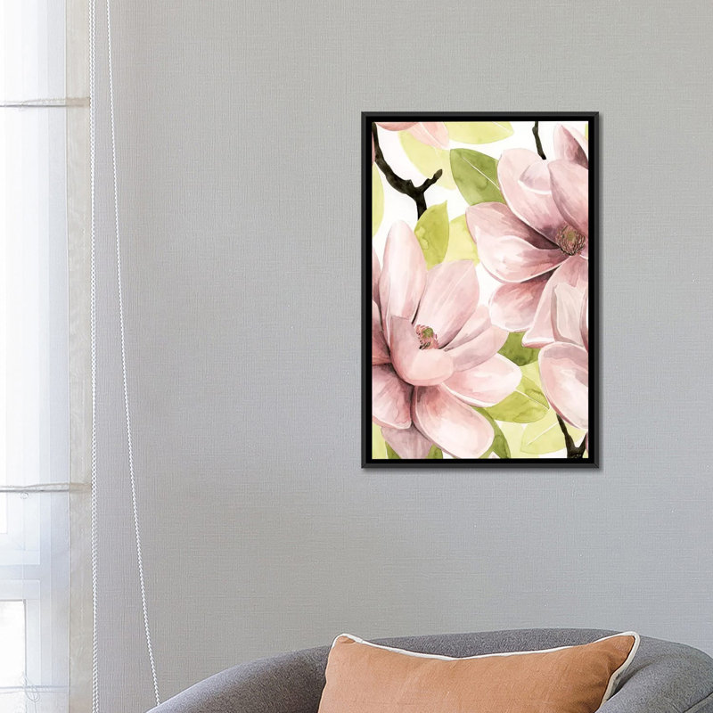 " Blush Magnolia I ", 26" H x 18" W x 1.5" D, Black Framed Canvas, No Mat