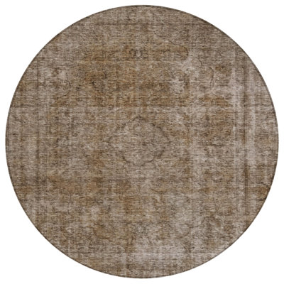 8' Brown And Beige Round Medallion Washable Indoor Outdoor Area Rug