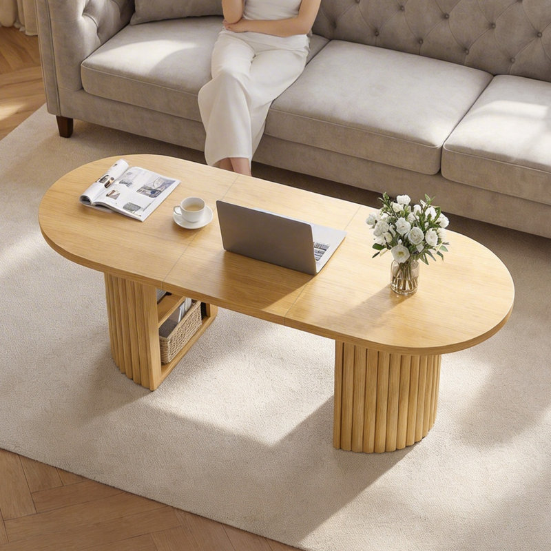 Rhythm Small Coffee Table with Storage, Extendable Dining Table with 2 Tier Storage Shelves, Oval Fluted Coffee Table 