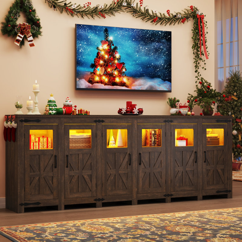 95.3“ LED Farmhouse TV Stand For Tvs Up To 85" With Power Outlets And Adjustable Shelves, Brown, 35.5" H x 95.3" L x 15.75" W