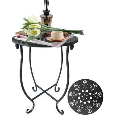 Petite table d'appoint de patio ronde en métal de 14 pouces avec motif floral, table de bout portative antirouille moderne pour l'extérieur, idéale pour le jardin, le porche, le balcon et l'intérieur / extérieur