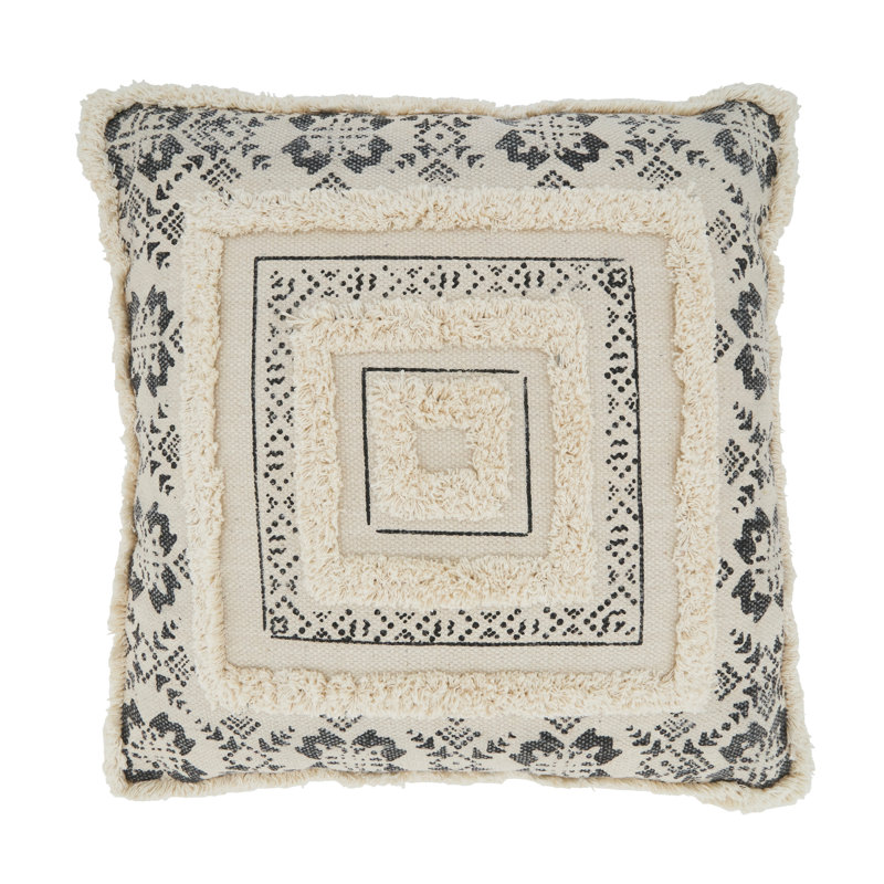 Black and Beige 20" Printed Tufted Throw Pillow