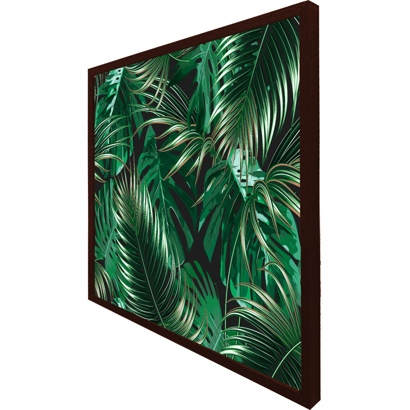Aarza Tropical Leaves on Black 1 Piece Single Picture Frame Wall Art, 31cm H x 31cm W x 4cm D, Brown Framed