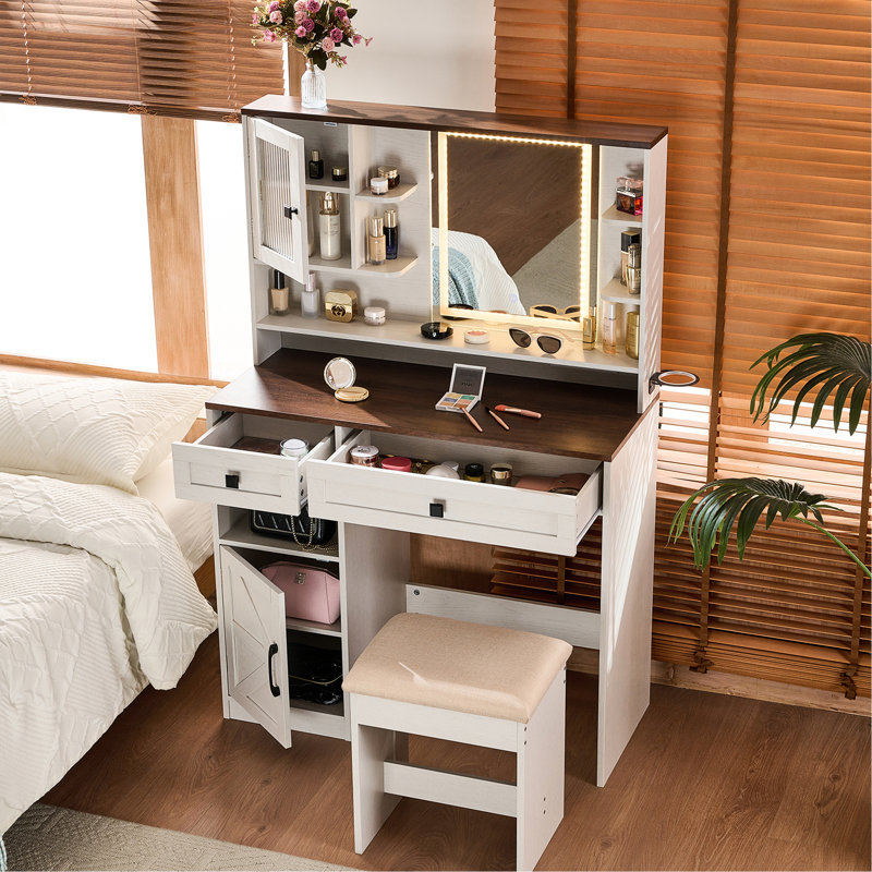 Élégant meuble-lavabo avec station de charge, éclairage tricolore et traitement de surface imperméable, miroir de maquillage blanc réglable, prises de courant intégrées, deux tiroirs de rangement,