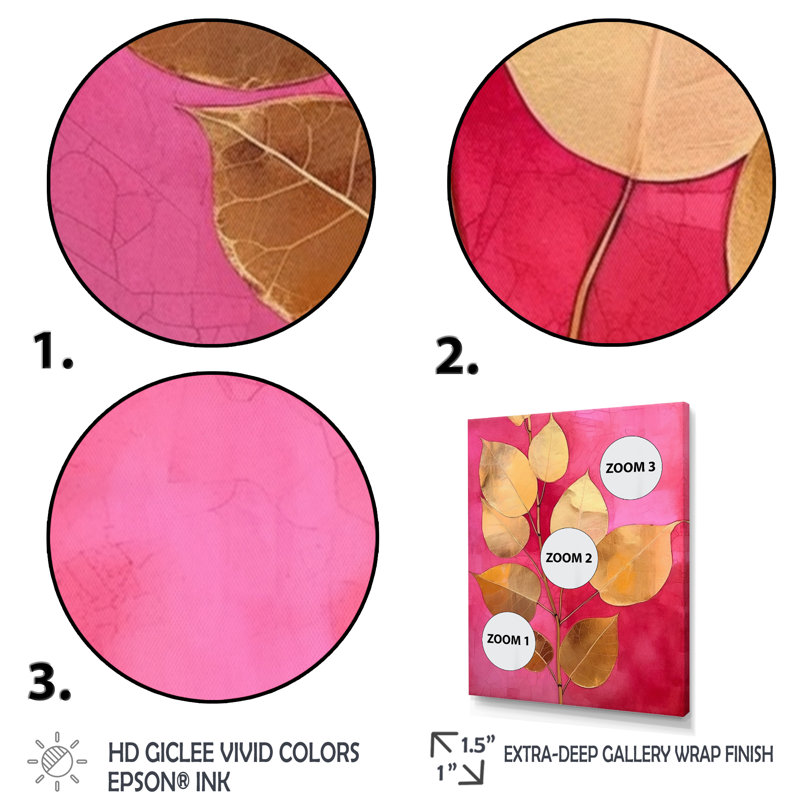 " Pink Gold Leafs Harmony II ", Gold Single Picture Framed, 44" H x 34" W x 1.5" D