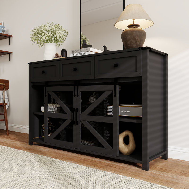 55'' Farmhouse Style Wooden Sideboard With 3 Drawers And Adjustable Shelves，Sliding Barn Door Cabinet With Metal Mesh, Black