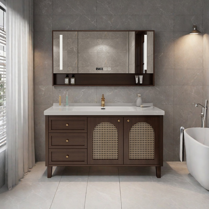 Simple retro light luxury bathroom cabinet, Walnut