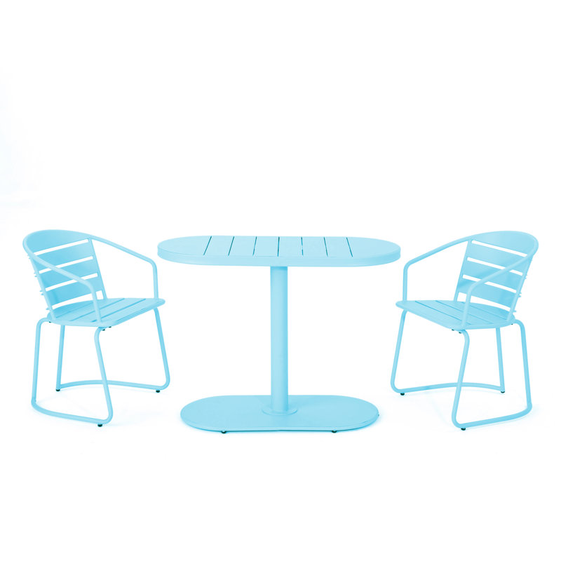  Ensemble bistro 3 pièces avec table ronde et chaises en métal Santa Monica, bleu clair mat, Bleu