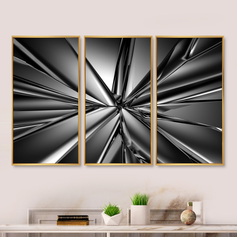 Futuriste fond en cristal - ensemble de 3 toiles abstraites encadrées, Or, H 32 po x l 48 po