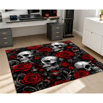 Tapis gothique à tête de mort rose, motif audacieux noir et rouge à tête de mort et imprimé rose, artistique audacieux, lavable à la machine, envers antidérapant, élégant tapis d'intérieur pour salon, chambre à coucher, dortoir, appartement