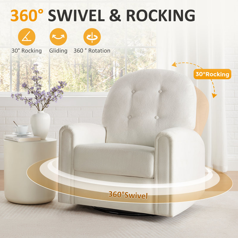 33.46’’ Nursery Rocking Chair, Upholstered Swivel Recliner, White