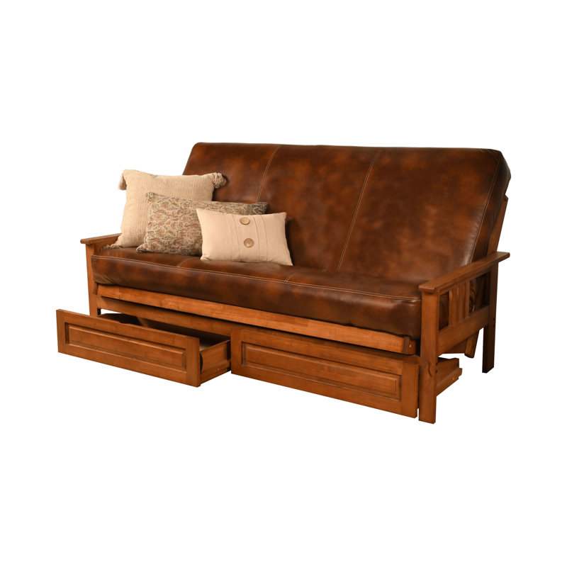 Stratford Full / Double 79'' Upholstered Convertible Sofa, Saddle Brown Faux Leather, Barbados