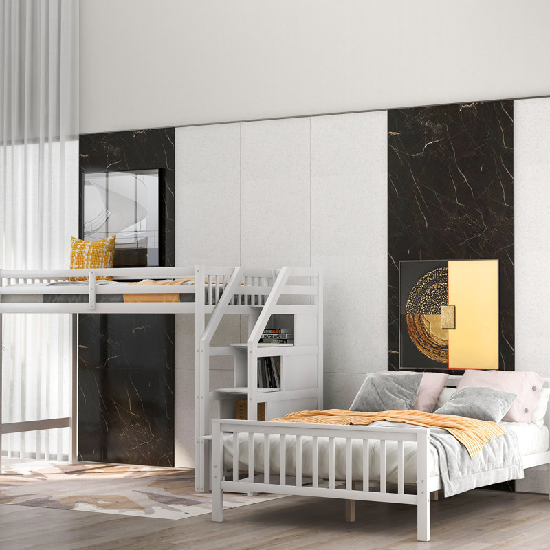 Lit mezzanine simple au-dessus d'un lit double avec escalier en blanc - aucun sommier requis pour un escalier pratique, utilisation à long terme
