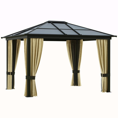 10' X 12' Hardtop Gazebo Canopy With Polycarbonate Roof, Aluminum Frame, Permanent Pavilion Outdoor Gazebo With Netting And Curtains For Patio, Garden, Backyard, Lawn, Deck