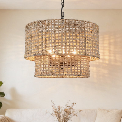 5-Light Hand-Woven Rattan Drum Chandelier for Dining Room Living Room Kitchen Island