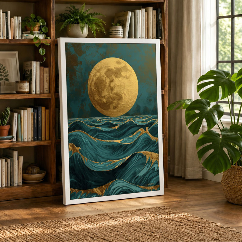 Moon Over Tidal Waves Japandi - Wrapped Canvas, 18x12 - 45.7 x 30.5 cm, Ochre Border