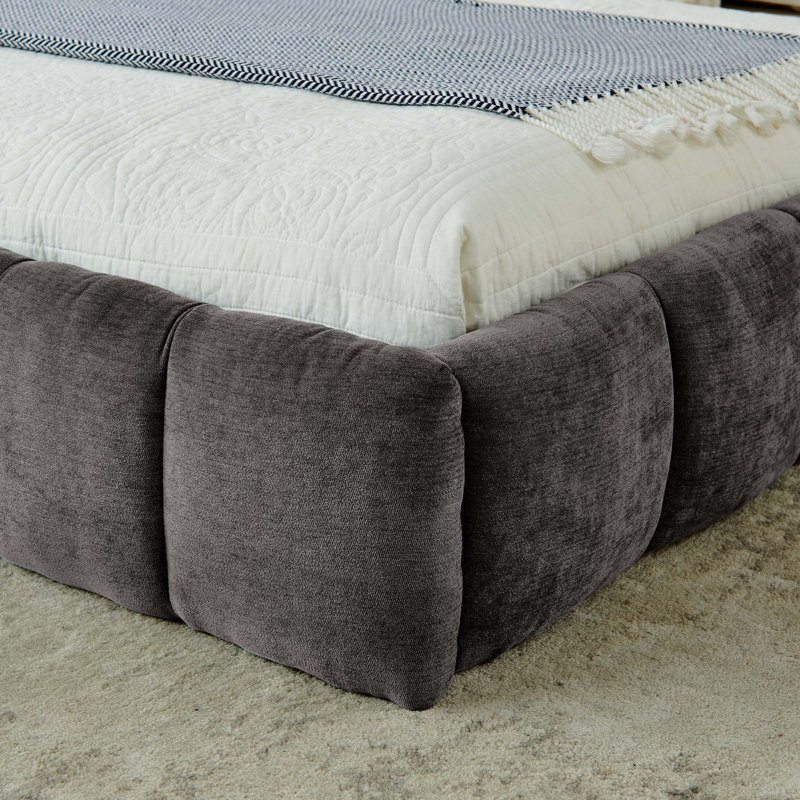 California King Size Upholstered Bed Frame With Thick Fabric, Chenille Fabric Grounded Queen Size Platform Bed With Headboard And Solid Frame. No Box Spring Needed-Beige(90.5''*80.5''*31'')