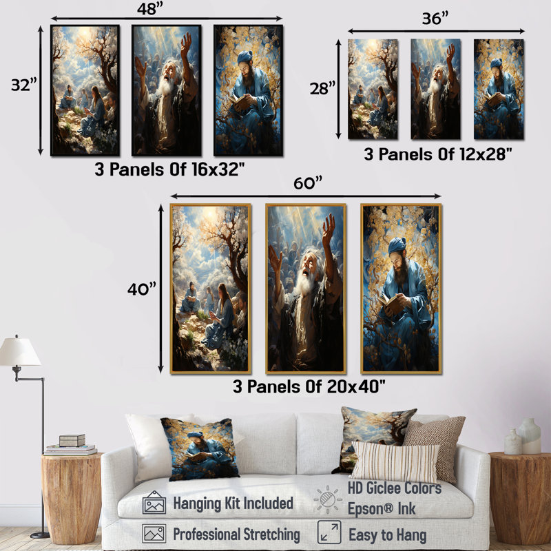 Sunlight Judaism Devotion - Judaism, ensemble de 3 reproductions d'art mural, Cadre flottant doré, H 40 po x l 60 po