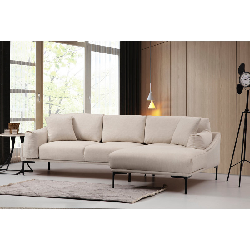 Upholstered L-Shaped Sectional, Right Hand Facing, Cream 100% Polyester