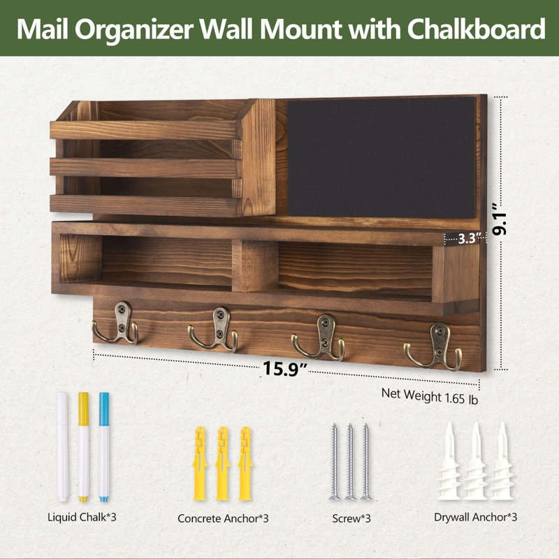 Porte-clés pour mur, porte-courrier mural en bois avec tablette et 3 craies liquides et tableau noir, organisateur de trieur de courrier, décoration rustique pour la maison (l 15,98 po x H 9,1 po x P 3,3 po), brun brûlé