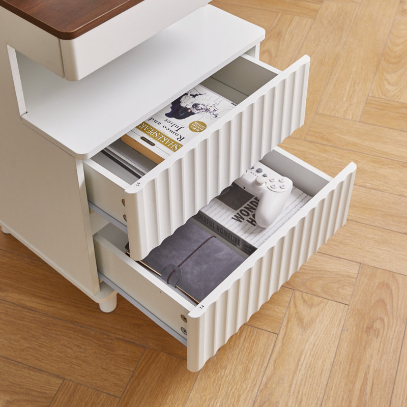 Table de chevet moderne en bois avec tiroir caché, éclairage à DEL et station de charge, Blanc/noyer, 2