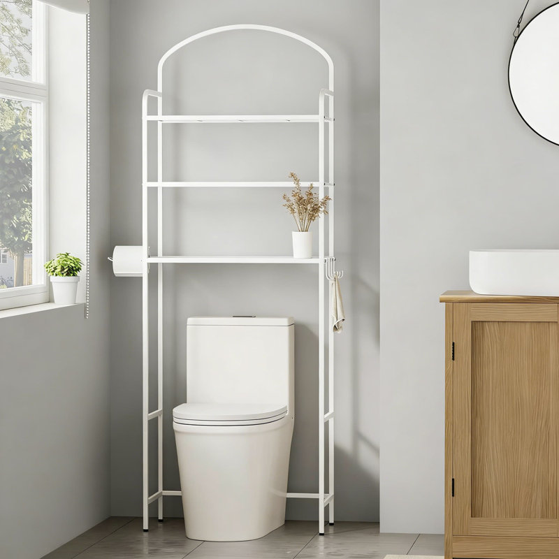 Support de rangement au-dessus de la toilette avec porte-papier, organisateur de salle de bain à 3 niveaux avec 4 crochets, tablette en métal peu encombrante pour la salle de bain, la salle de lavage ou la cuisine