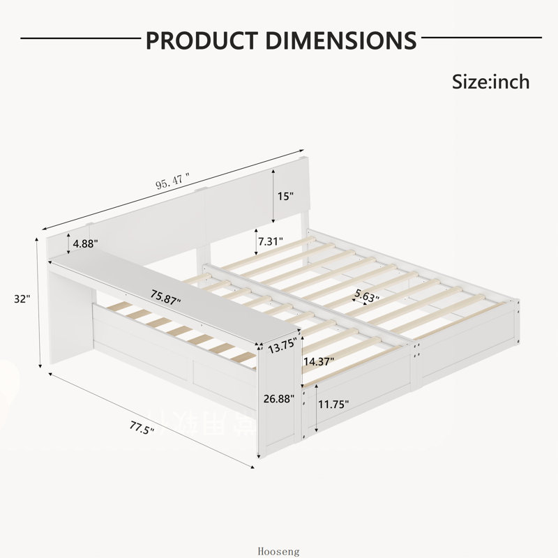 Ensemble de 2 cadres de lit plateforme simple avec bureau de rangement réglable, tablette flexible, lit de rangement pour chambre d'enfant, blanc
