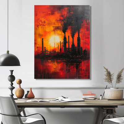 «Red Orange Industrial Industrial Landscape I - Factories», reproduction d'art murale