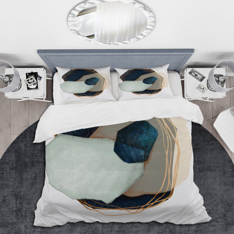 Ensemble de housse de couette moderne géométrique minimaliste en bleu et brun III - microfibre de polyester
