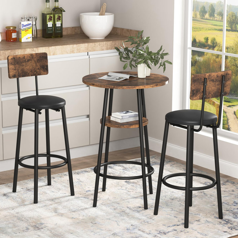 Rustic Brown Round Bistro Bar Table Set with Black Iron Frame