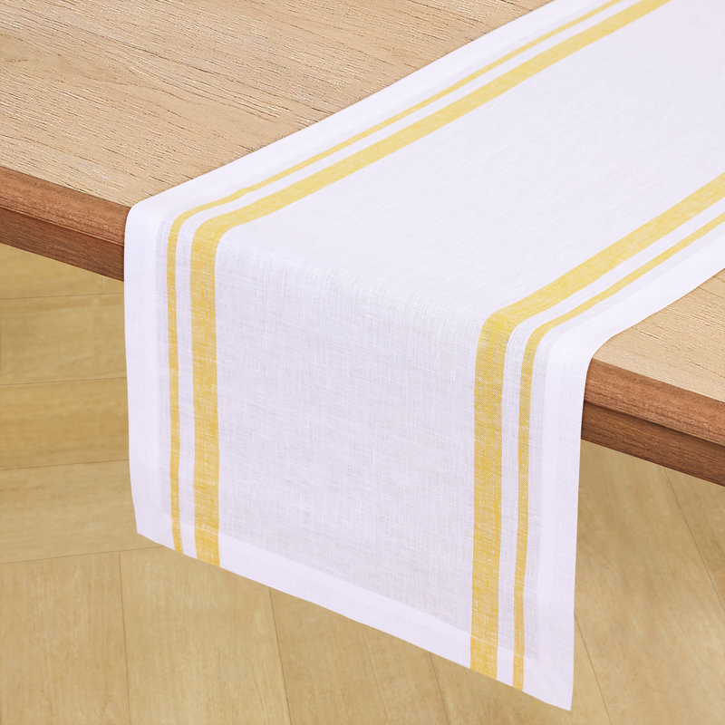 French Stripe - 100% Pure Linen Table Runner, 90" x 14", Yellow/White