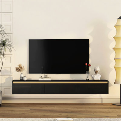 Meuble télé avec grand espace de rangement et tactile, noir ultrabrillant, montable 60 à 69 pouces, lumières décoratives à capacité décorative, montable