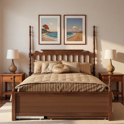 Retro Platform Bed with 2 Storage Drawers, Trundle and Spindle Headboard