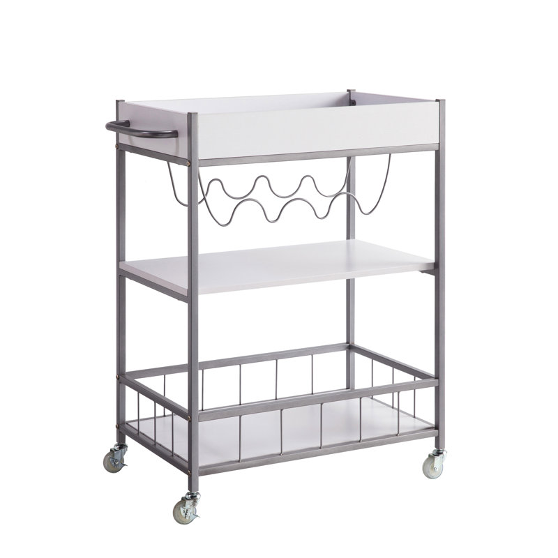 Chariot de cuisine roulant à trois niveaux - Métal blanc argenté, support à 4 bouteilles de vin Argent durable, rangement, bouteilles Fabrication durable