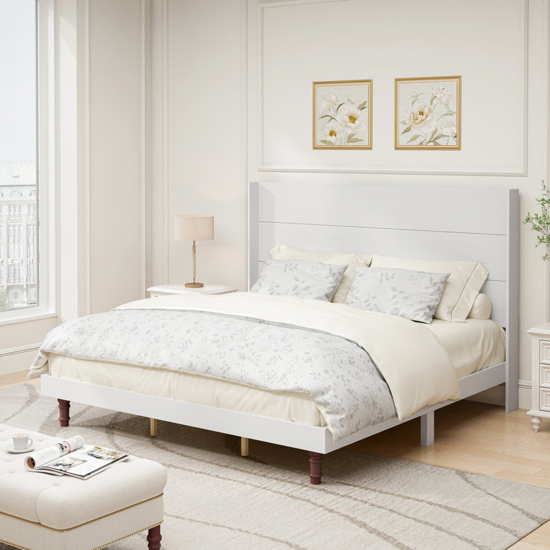 Lit très grand avec une tête de lit confortable de 54 po de hauteur en blanc, en contreplaqué, en bois d'hévéa et en pin blanc pour plus de confort, composé de