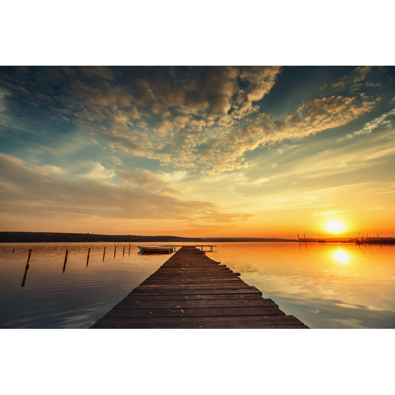 Boat And Jetty On Lake - Wrapped Canvas Print, 30cm H x 46cm W x 3.8cm D