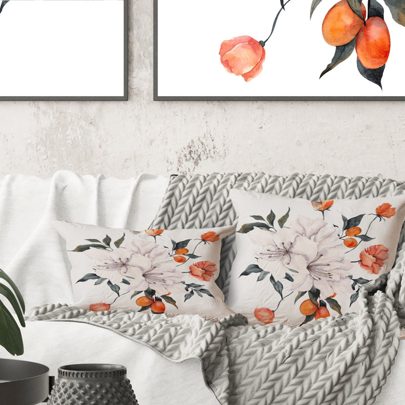 Coussin Bouquet avec citron et mandarine III - imprimé traditionnel, 16 po x 16 po