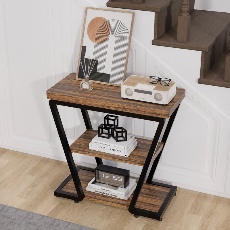 Narrow End Table, 3-tier Sofa Side Table With Storage Shelf, Wood And Metal Nightstand For Living Room Bedroom, Rustic Brown