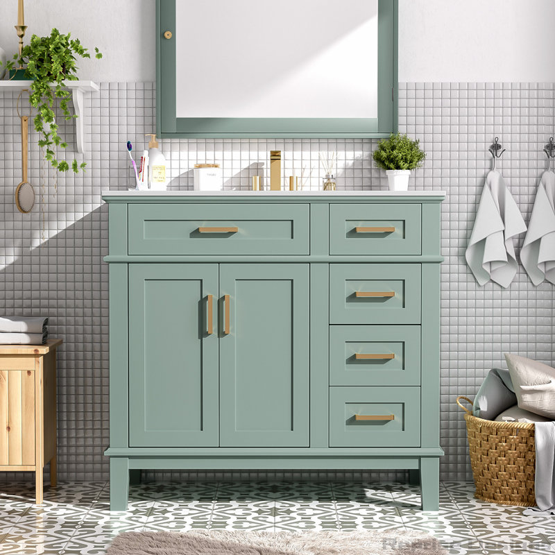 Meuble-lavabo 36 po avec lavabo en céramique, portes à fermeture douce, tiroirs, Vert