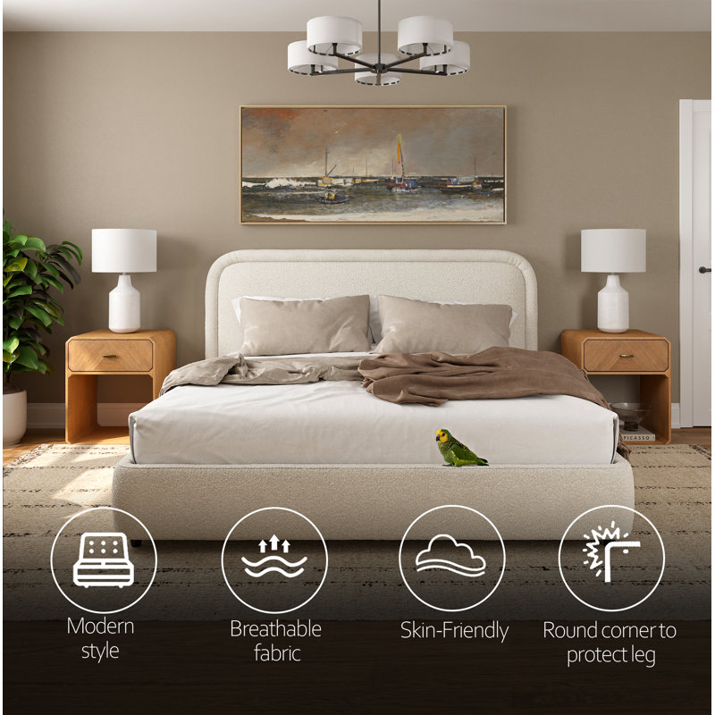 Performance Boucle Fabric Bed with Modern Thick & Smooth Headboard, Meliek