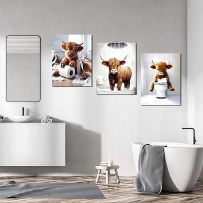 Drôle de vache des Highlands, ensemble d'art mural, ensemble de 3 photos de vache de ferme rustique, peinture sur toile mignonne brune 