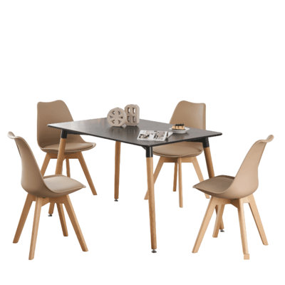Suellen 4 Person Dining set - a Rectangular Plastic Dining Table with Wooden Legs and a Set of 4 Faux Leather Cushion Padded Dining Chairs for Dining Room - Modern Dining Table Set