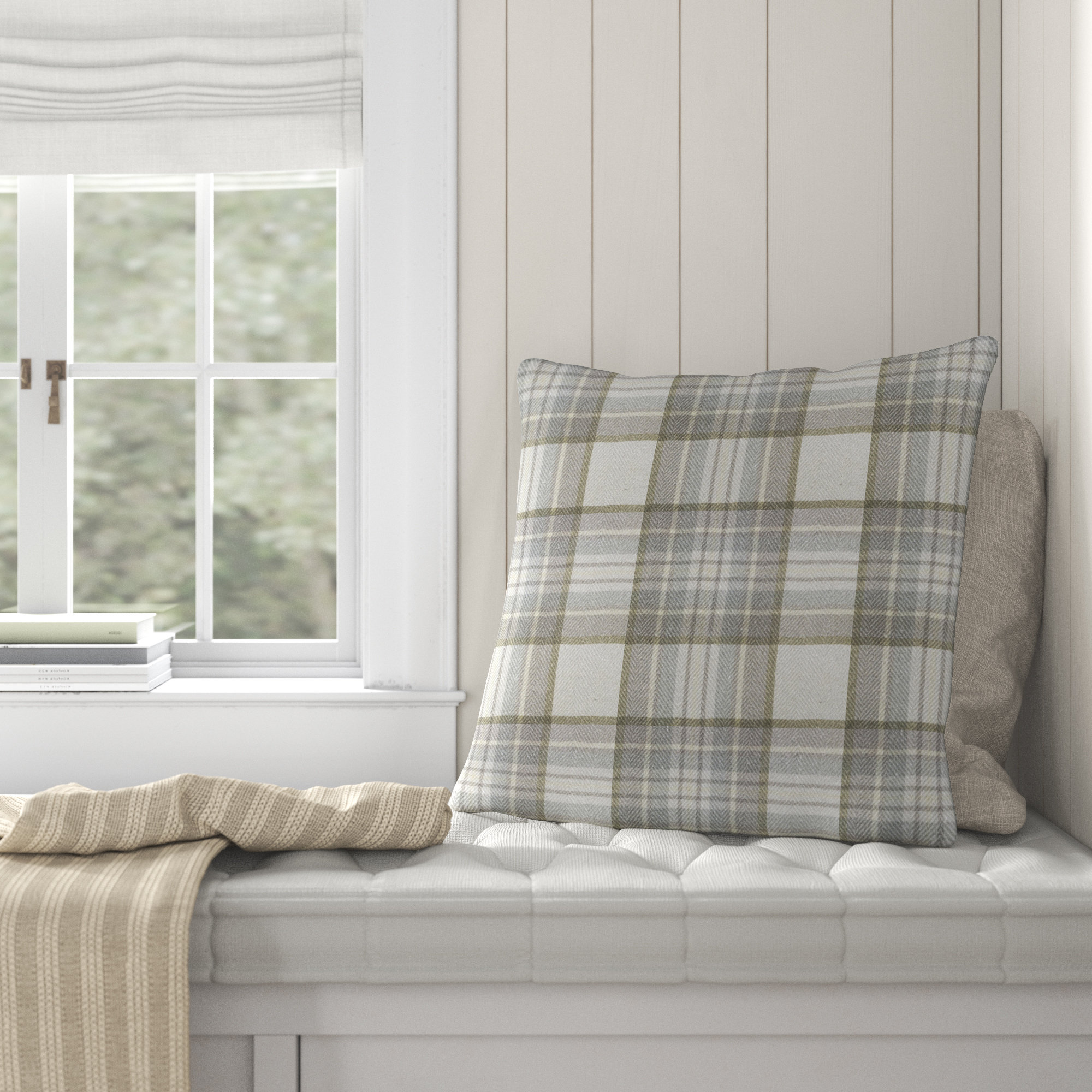 Plaid Cotton Throw Pillow, Down, Brown, 22" x 22"