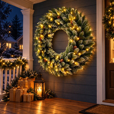 Couronne de Noël illuminée 36 po avec pommes de pin, 70 lumières DEL blanc chaud, 8 modes d'éclairage, fonctionnement à piles, décoration de porte en PVC vert